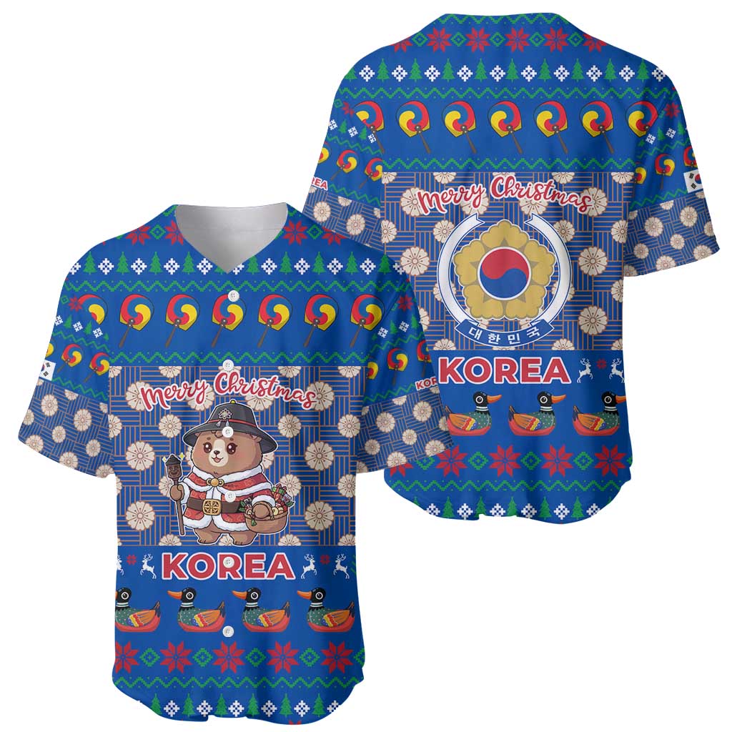 Korea Christmas Baseball Jersey with Bear in Hanbok National Emblem and Traditional Boat Pattern Design - Wonder Print Shop