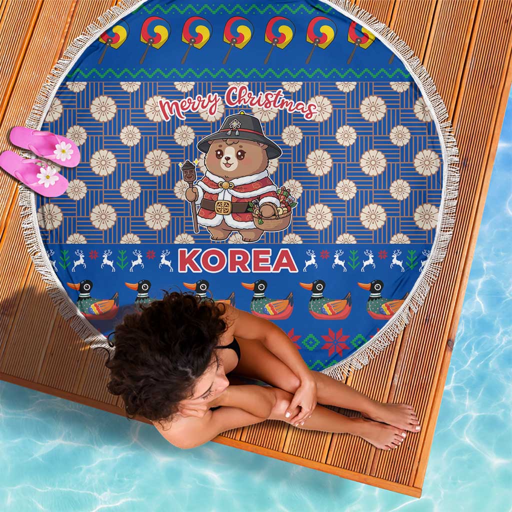 Korea Christmas Beach Blanket with Bear in Hanbok National Emblem and Traditional Boat Pattern Design - Wonder Print Shop