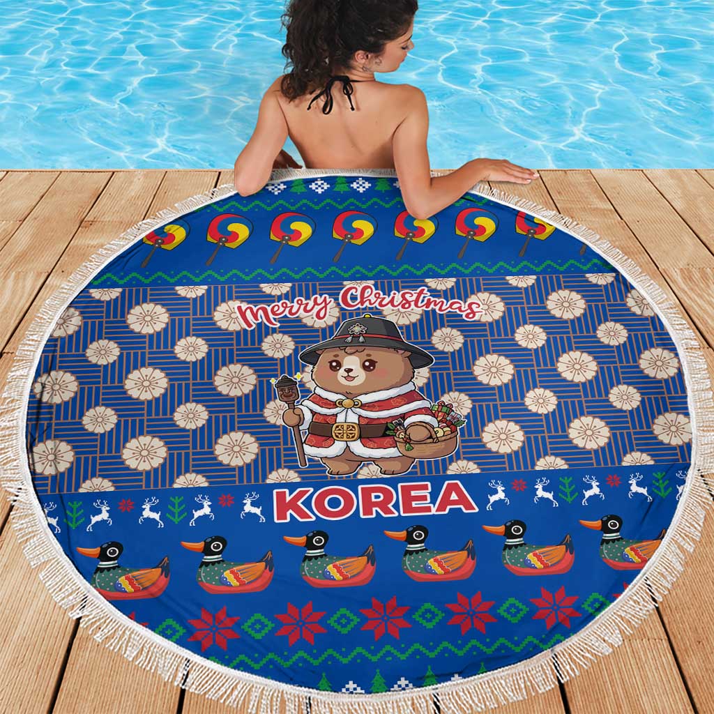 Korea Christmas Beach Blanket with Bear in Hanbok National Emblem and Traditional Boat Pattern Design - Wonder Print Shop
