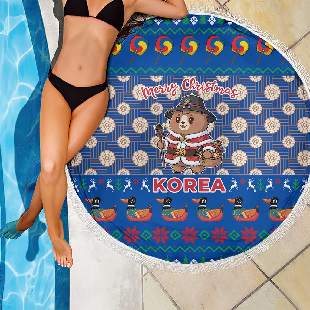Korea Christmas Beach Blanket with Bear in Hanbok National Emblem and Traditional Boat Pattern Design - Wonder Print Shop