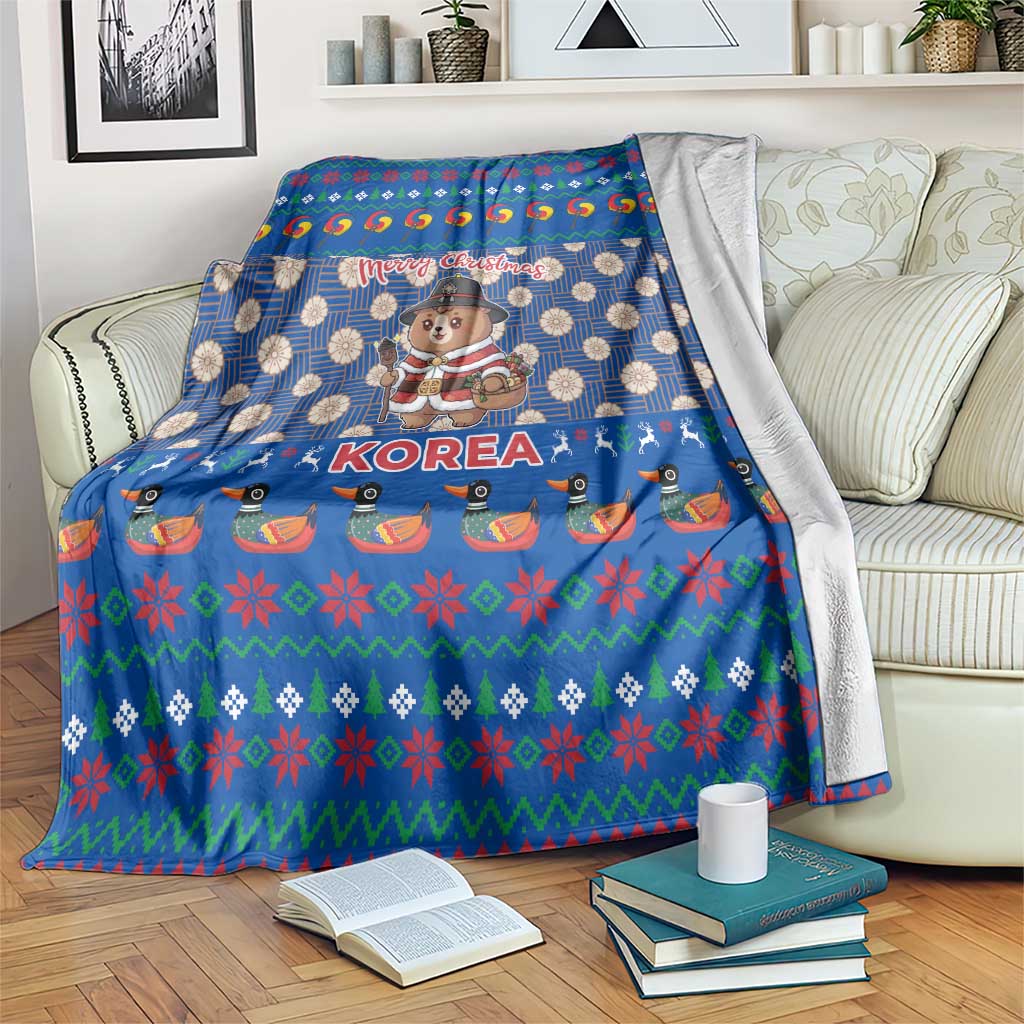 Korea Christmas Blanket with Bear in Hanbok National Emblem and Traditional Boat Pattern Design - Wonder Print Shop