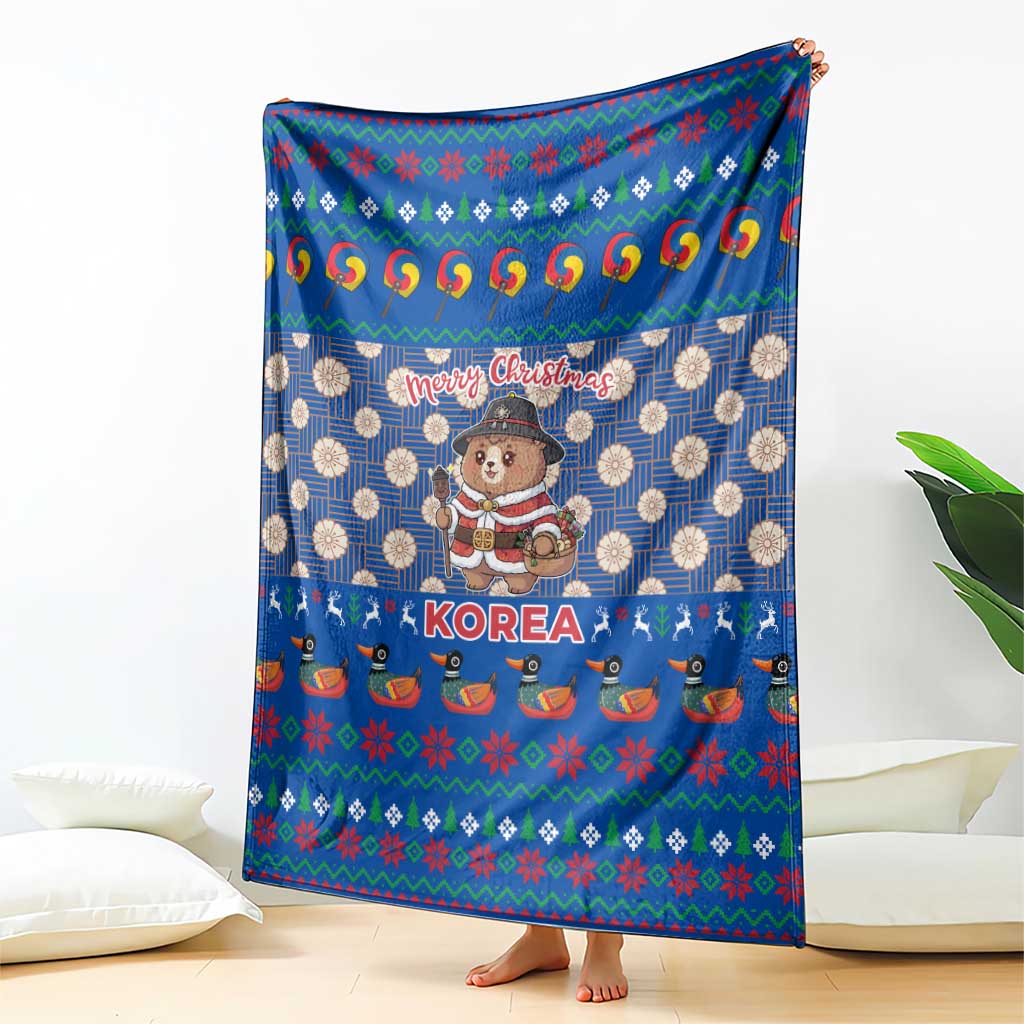 Korea Christmas Blanket with Bear in Hanbok National Emblem and Traditional Boat Pattern Design - Wonder Print Shop