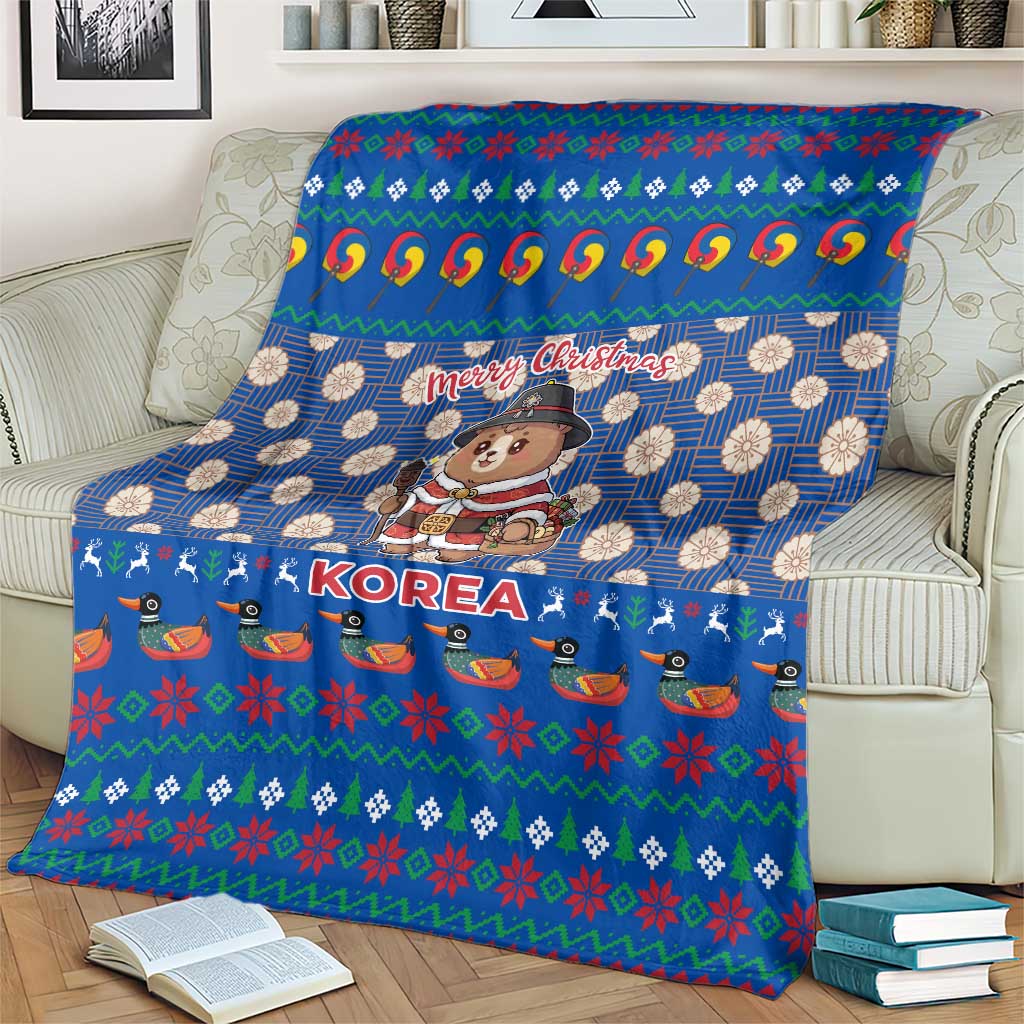 Korea Christmas Blanket with Bear in Hanbok National Emblem and Traditional Boat Pattern Design - Wonder Print Shop