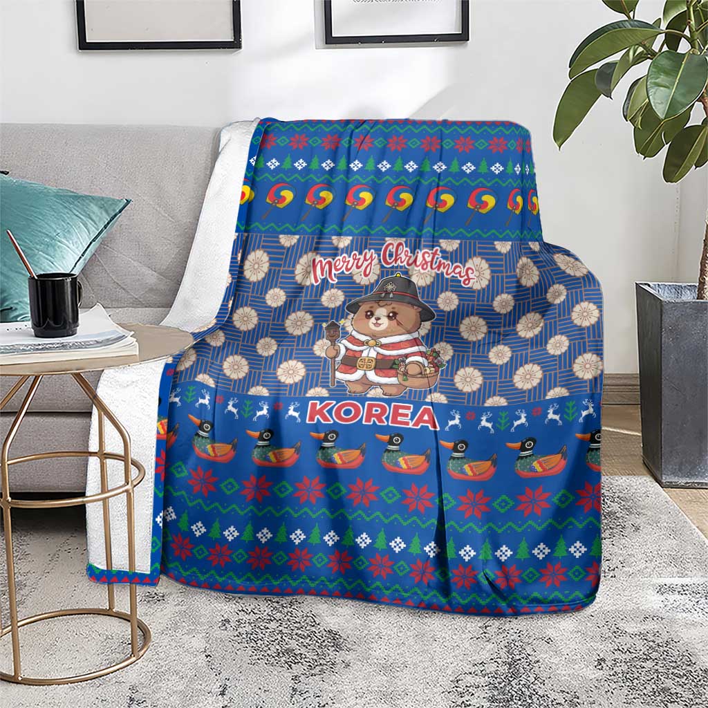 Korea Christmas Blanket with Bear in Hanbok National Emblem and Traditional Boat Pattern Design - Wonder Print Shop