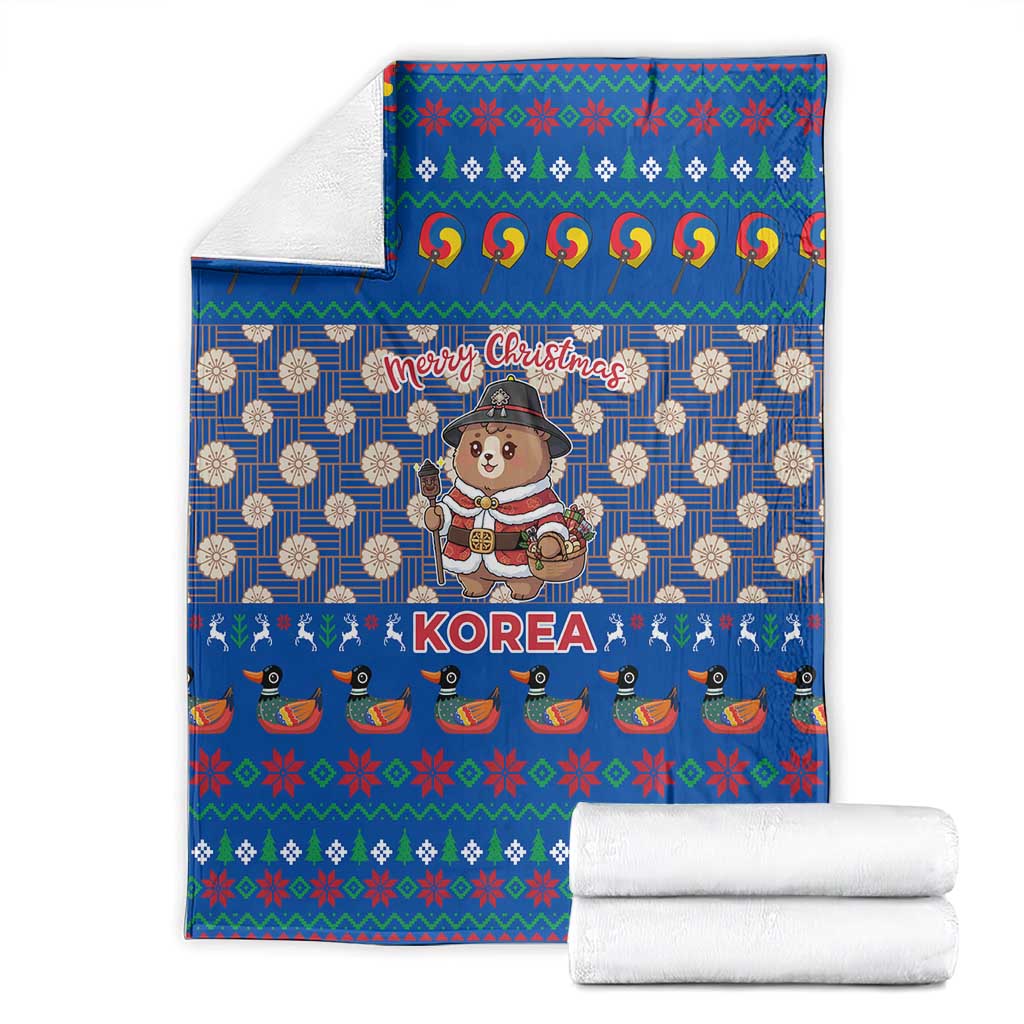 Korea Christmas Blanket with Bear in Hanbok National Emblem and Traditional Boat Pattern Design - Wonder Print Shop