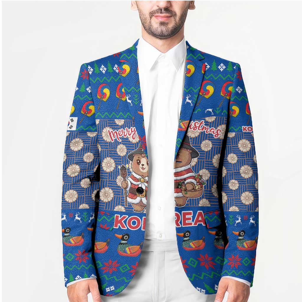 Korea Christmas Blazer with Bear in Hanbok National Emblem and Traditional Boat Pattern Design - Wonder Print Shop