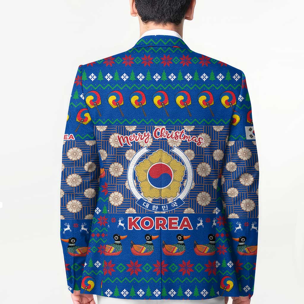 Korea Christmas Blazer with Bear in Hanbok National Emblem and Traditional Boat Pattern Design - Wonder Print Shop