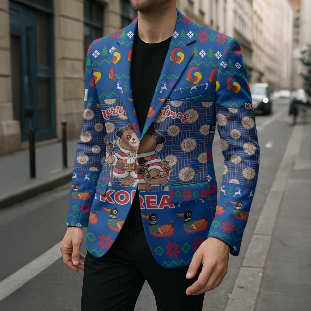 Korea Christmas Blazer with Bear in Hanbok National Emblem and Traditional Boat Pattern Design - Wonder Print Shop