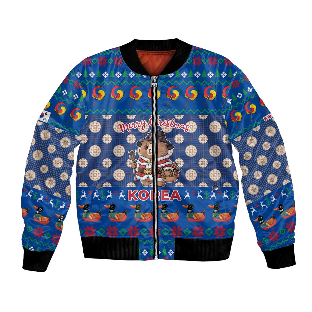 Korea Christmas Bomber Jacket with Bear in Hanbok National Emblem and Traditional Boat Pattern Design - Wonder Print Shop