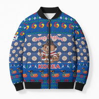 Korea Christmas Bomber Puffer Jacket with Bear in Hanbok National Emblem and Traditional Boat Pattern Design - Wonder Print Shop
