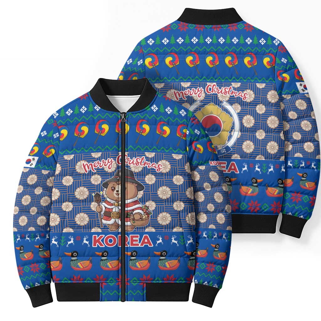Korea Christmas Bomber Puffer Jacket with Bear in Hanbok National Emblem and Traditional Boat Pattern Design - Wonder Print Shop