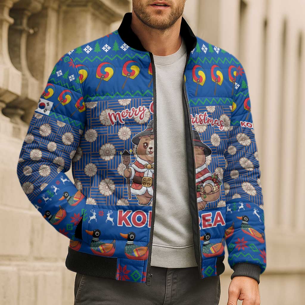 Korea Christmas Bomber Puffer Jacket with Bear in Hanbok National Emblem and Traditional Boat Pattern Design - Wonder Print Shop