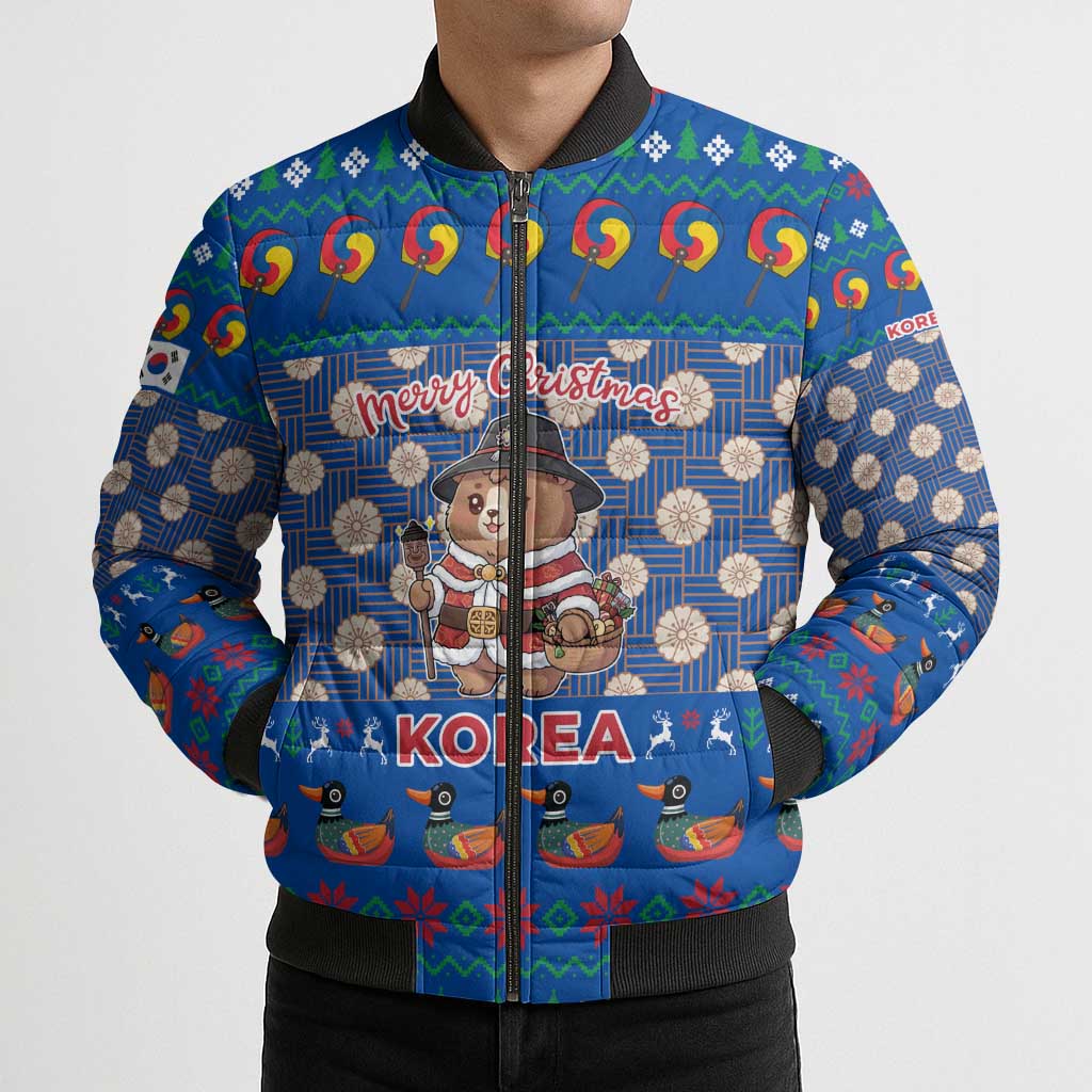 Korea Christmas Bomber Puffer Jacket with Bear in Hanbok National Emblem and Traditional Boat Pattern Design - Wonder Print Shop