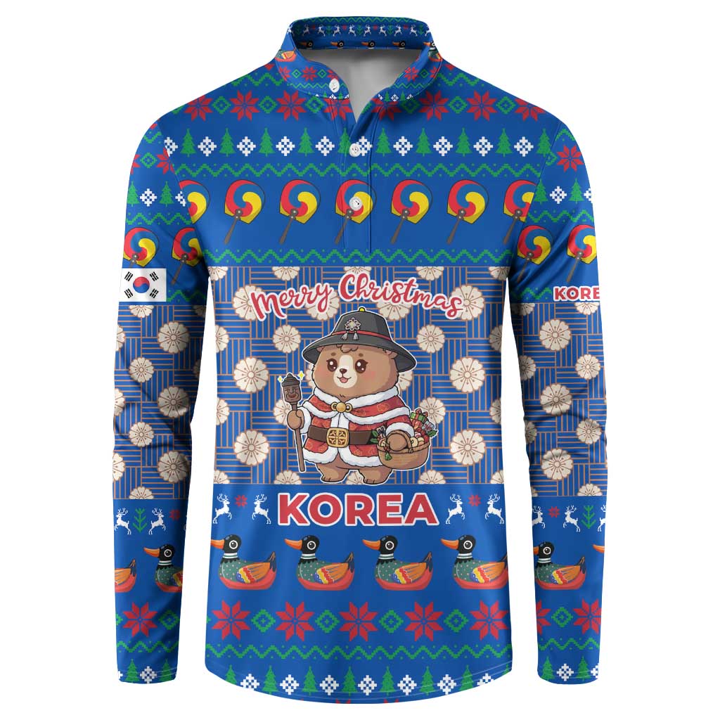 Korea Christmas Button Sweatshirt with Bear in Hanbok National Emblem and Traditional Boat Pattern Design - Wonder Print Shop