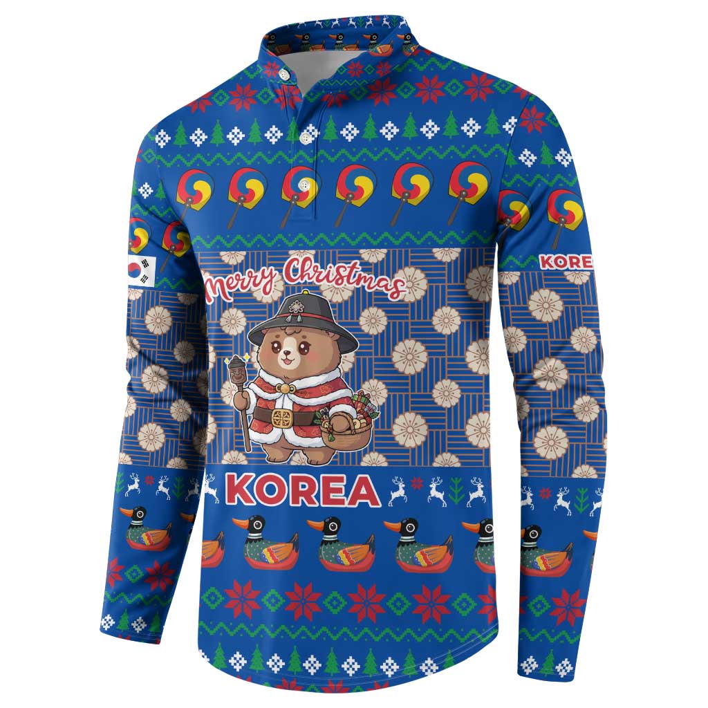 Korea Christmas Button Sweatshirt with Bear in Hanbok National Emblem and Traditional Boat Pattern Design - Wonder Print Shop