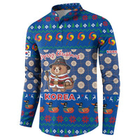 Korea Christmas Button Sweatshirt with Bear in Hanbok National Emblem and Traditional Boat Pattern Design - Wonder Print Shop