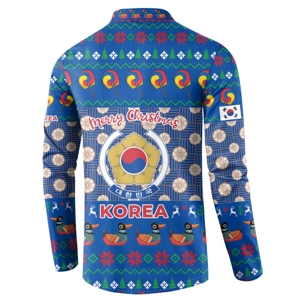 Korea Christmas Button Sweatshirt with Bear in Hanbok National Emblem and Traditional Boat Pattern Design - Wonder Print Shop