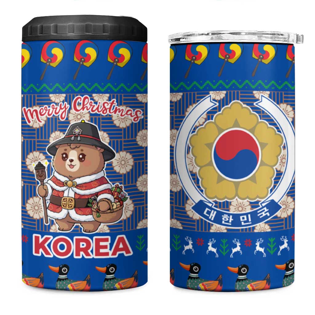 Korea Christmas 4 in 1 Can Cooler Tumbler with Bear in Hanbok National Emblem and Traditional Boat Pattern Design - Wonder Print Shop