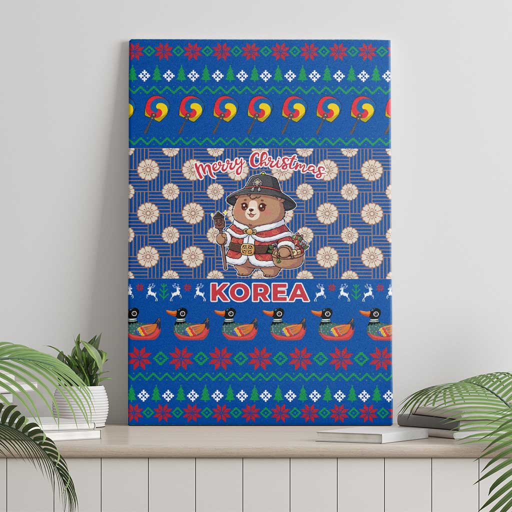 Korea Christmas Canvas Wall Art with Bear in Hanbok National Emblem and Traditional Boat Pattern Design - Wonder Print Shop