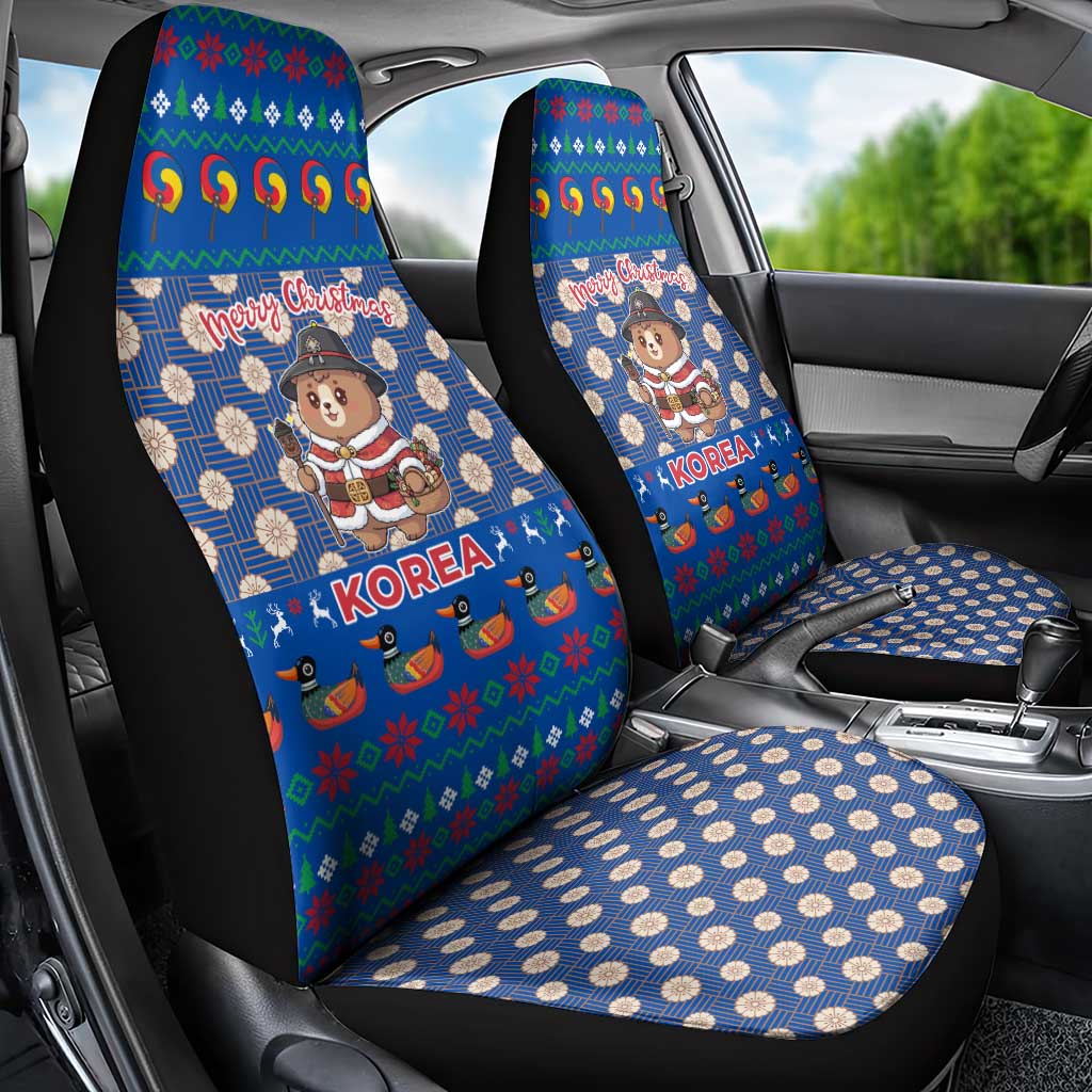 Korea Christmas Car Seat Cover with Bear in Hanbok National Emblem and Traditional Boat Pattern Design - Wonder Print Shop