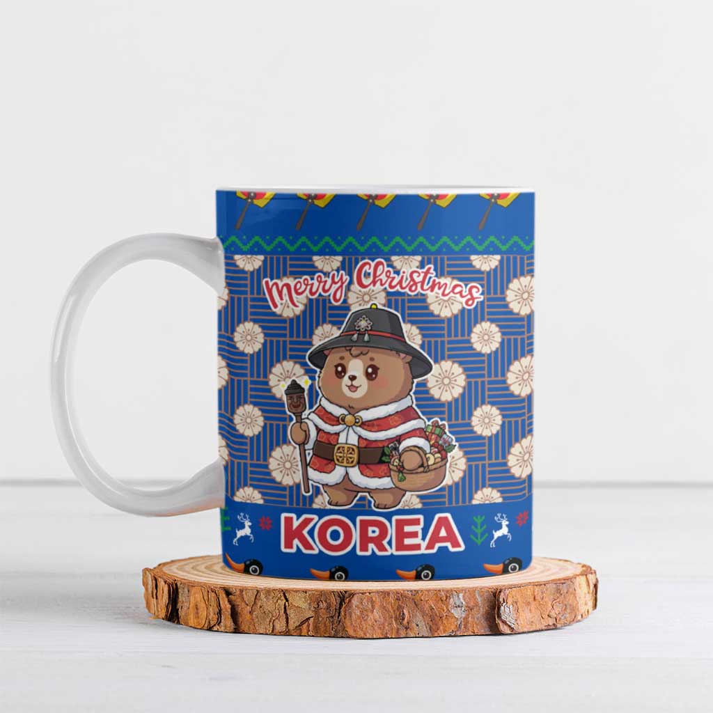 Korea Christmas Ceramic Mug with Bear in Hanbok National Emblem and Traditional Boat Pattern Design - Wonder Print Shop
