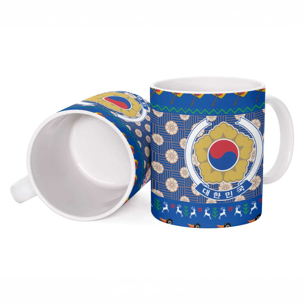 Korea Christmas Ceramic Mug with Bear in Hanbok National Emblem and Traditional Boat Pattern Design - Wonder Print Shop
