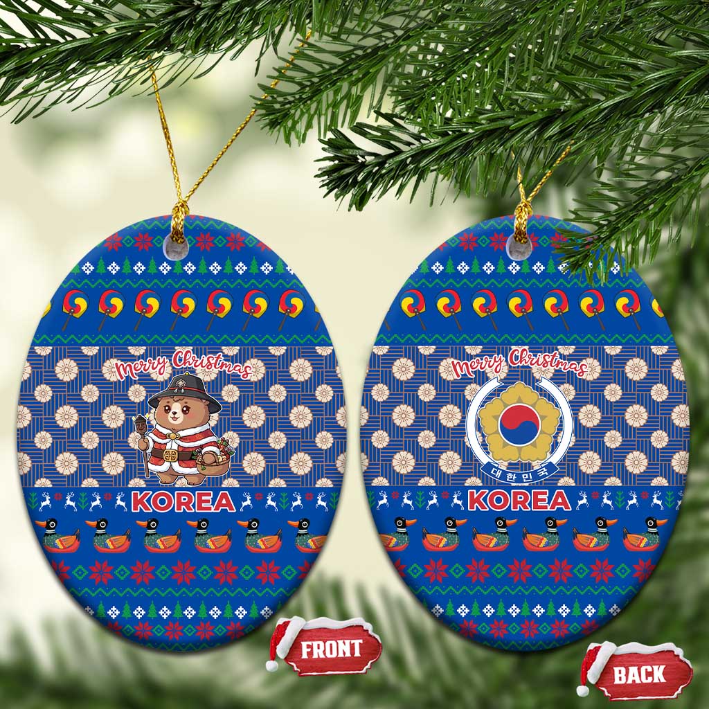 Korea Christmas Ceramic Ornament with Bear in Hanbok National Emblem and Traditional Boat Pattern Design - Wonder Print Shop