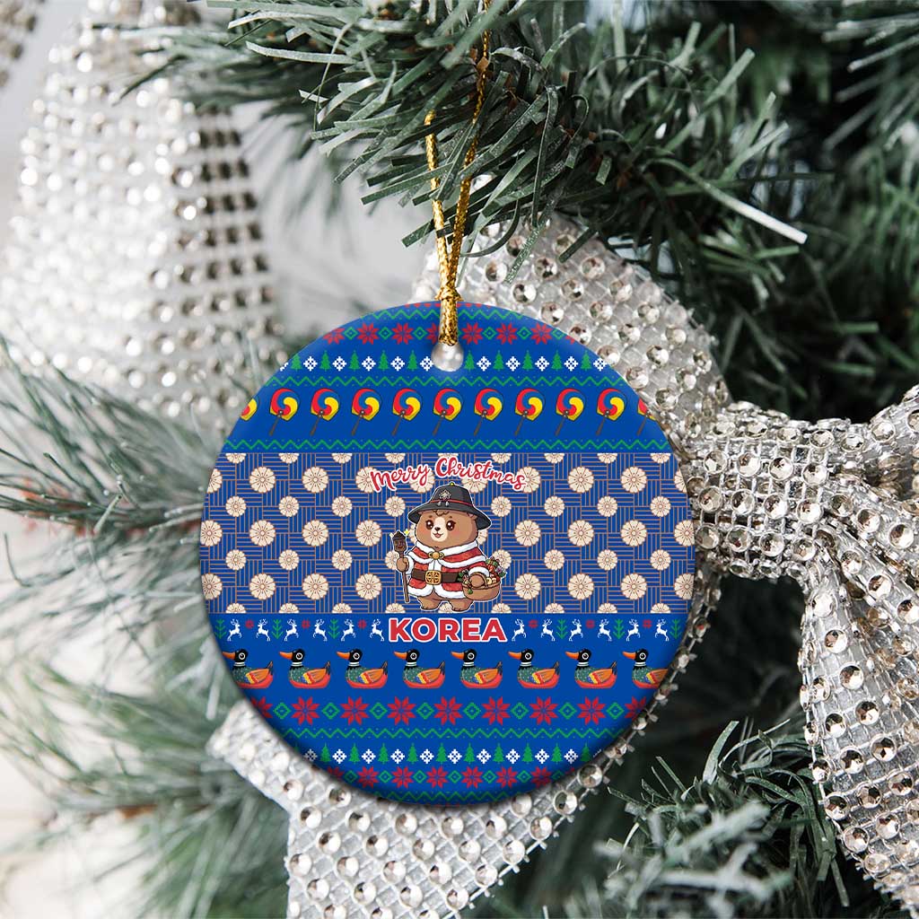 Korea Christmas Ceramic Ornament with Bear in Hanbok National Emblem and Traditional Boat Pattern Design - Wonder Print Shop