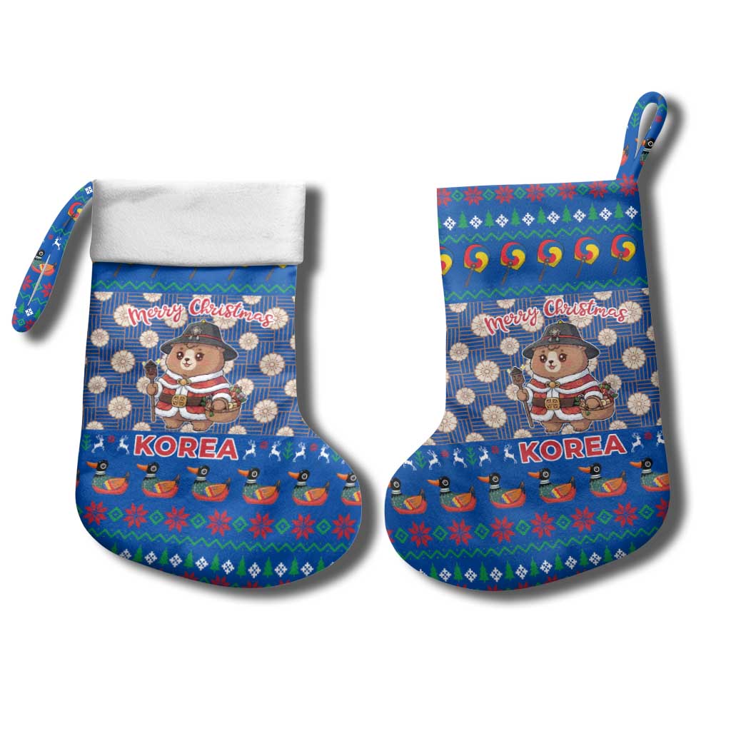 Korea Christmas Stocking with Bear in Hanbok National Emblem and Traditional Boat Pattern Design - Wonder Print Shop