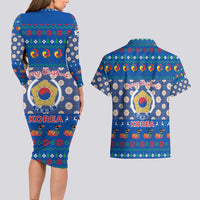 Korea Christmas Couples Matching Long Sleeve Bodycon Dress and Hawaiian Shirt with Bear in Hanbok National Emblem and Traditional Boat Pattern Design - Wonder Print Shop