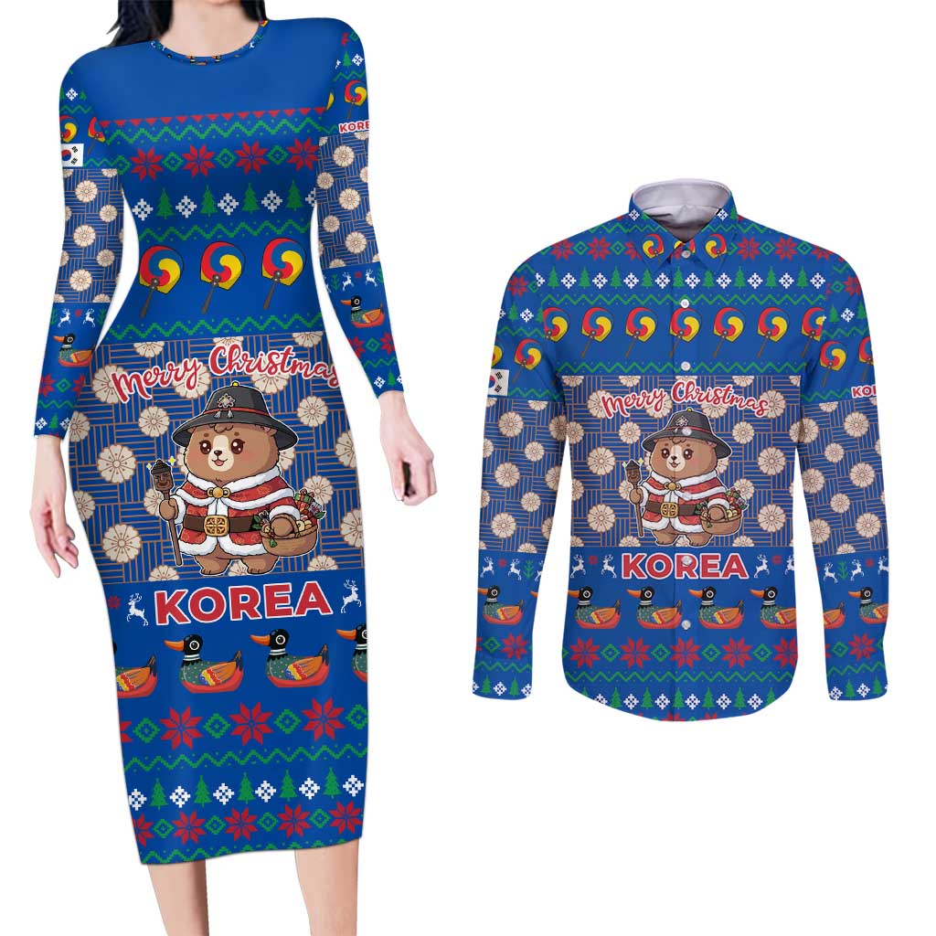 Korea Christmas Couples Matching Long Sleeve Bodycon Dress and Long Sleeve Button Shirt with Bear in Hanbok National Emblem and Traditional Boat Pattern Design - Wonder Print Shop