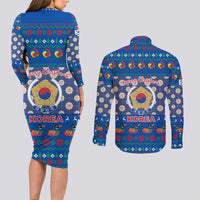 Korea Christmas Couples Matching Long Sleeve Bodycon Dress and Long Sleeve Button Shirt with Bear in Hanbok National Emblem and Traditional Boat Pattern Design - Wonder Print Shop