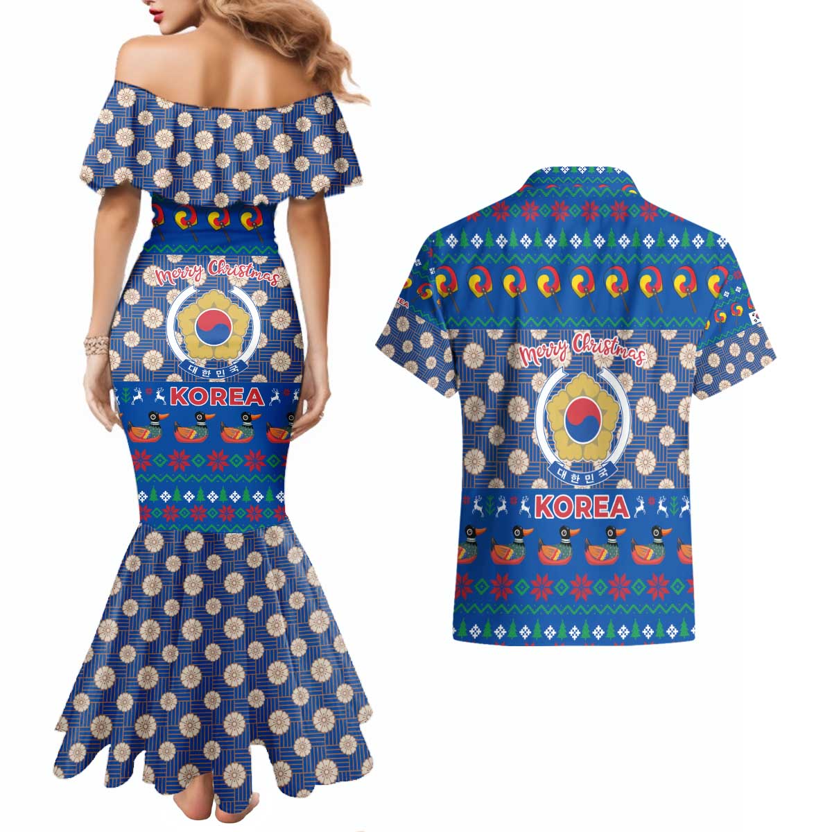 Korea Christmas Couples Matching Mermaid Dress and Hawaiian Shirt with Bear in Hanbok National Emblem and Traditional Boat Pattern Design - Wonder Print Shop