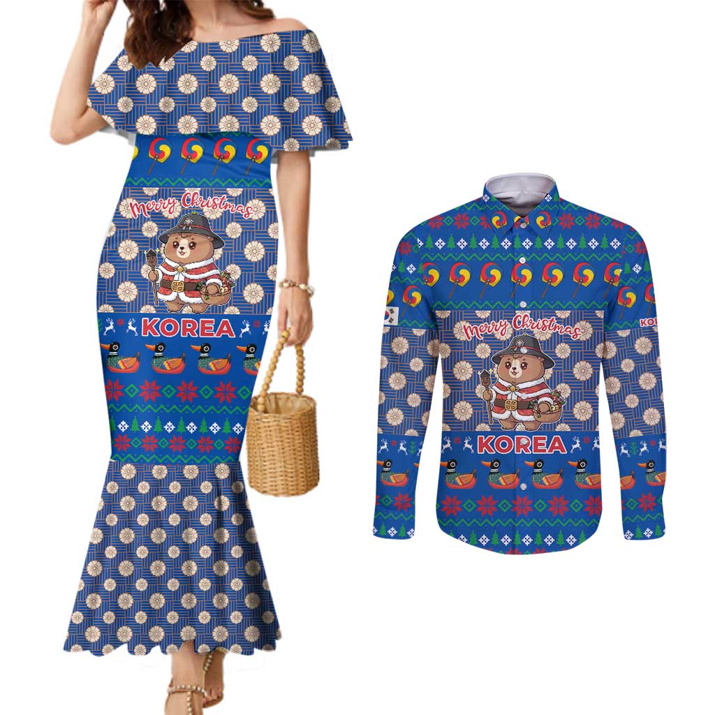 Korea Christmas Couples Matching Mermaid Dress and Long Sleeve Button Shirt with Bear in Hanbok National Emblem and Traditional Boat Pattern Design - Wonder Print Shop