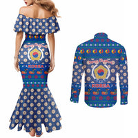 Korea Christmas Couples Matching Mermaid Dress and Long Sleeve Button Shirt with Bear in Hanbok National Emblem and Traditional Boat Pattern Design - Wonder Print Shop