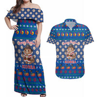 Korea Christmas Couples Matching Off Shoulder Maxi Dress and Hawaiian Shirt with Bear in Hanbok National Emblem and Traditional Boat Pattern Design - Wonder Print Shop