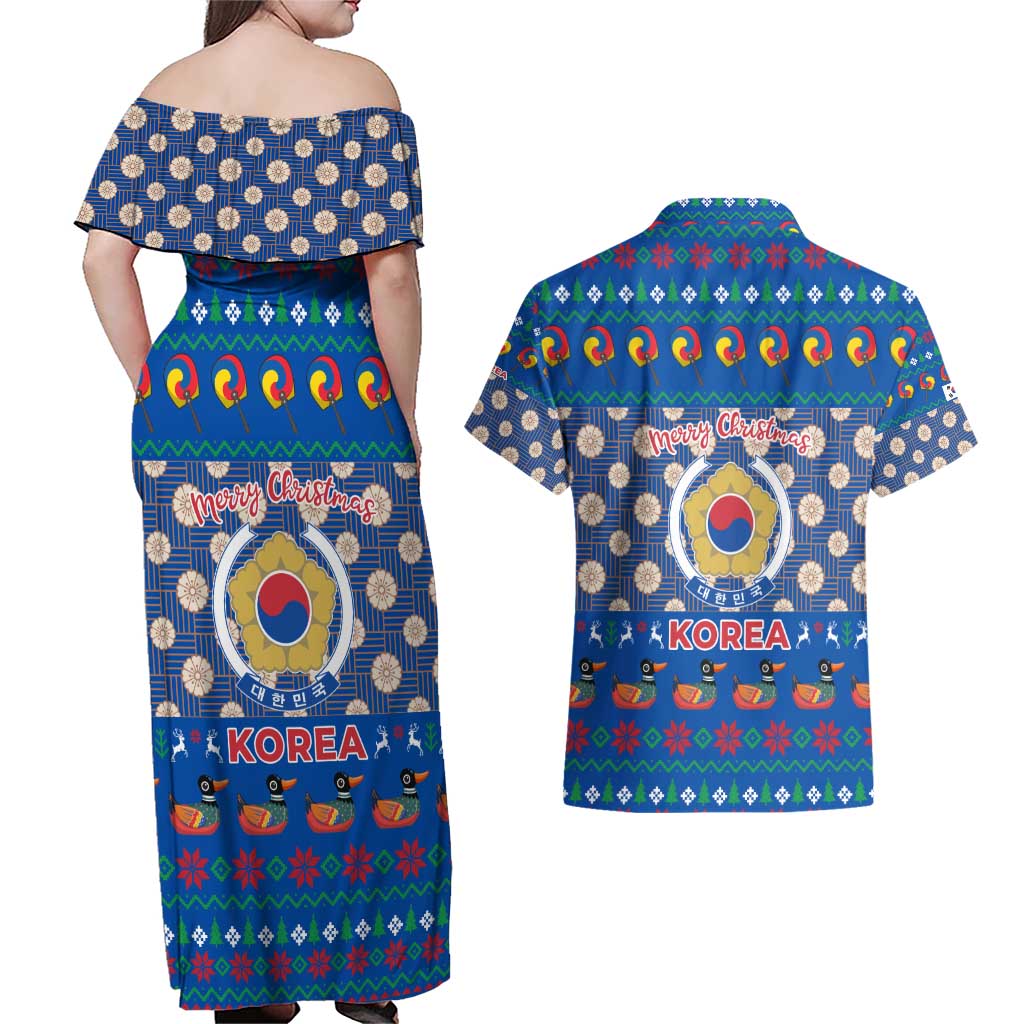 Korea Christmas Couples Matching Off Shoulder Maxi Dress and Hawaiian Shirt with Bear in Hanbok National Emblem and Traditional Boat Pattern Design - Wonder Print Shop