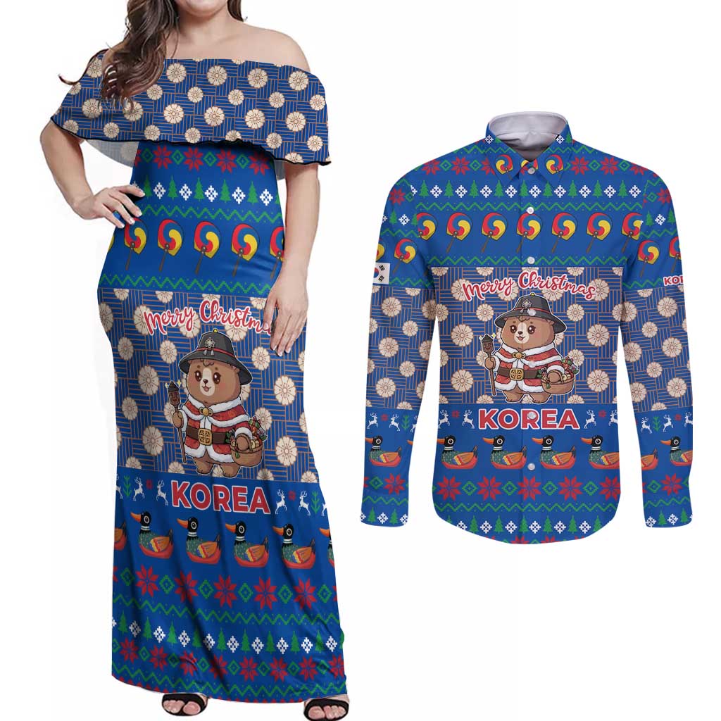 Korea Christmas Couples Matching Off Shoulder Maxi Dress and Long Sleeve Button Shirt with Bear in Hanbok National Emblem and Traditional Boat Pattern Design - Wonder Print Shop