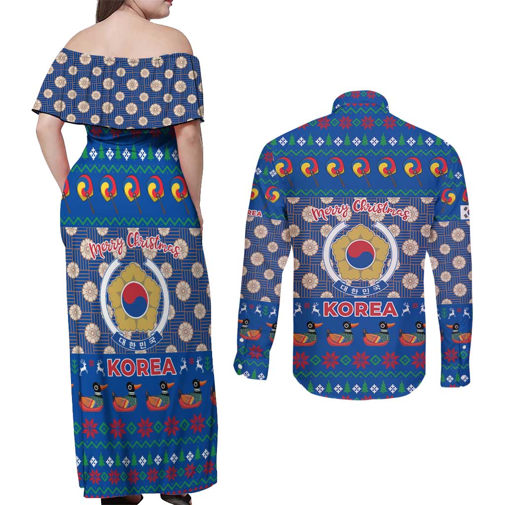 Korea Christmas Couples Matching Off Shoulder Maxi Dress and Long Sleeve Button Shirt with Bear in Hanbok National Emblem and Traditional Boat Pattern Design - Wonder Print Shop