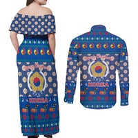Korea Christmas Couples Matching Off Shoulder Maxi Dress and Long Sleeve Button Shirt with Bear in Hanbok National Emblem and Traditional Boat Pattern Design - Wonder Print Shop