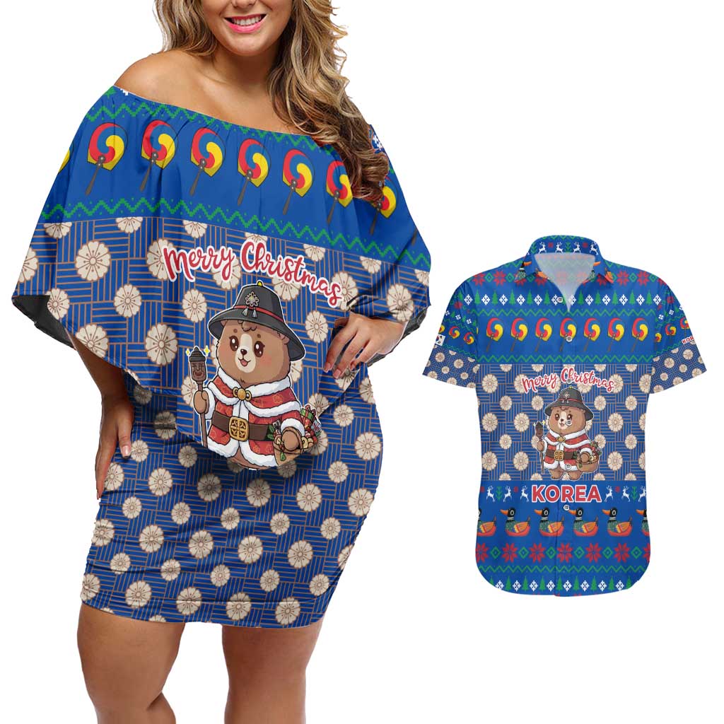 Korea Christmas Couples Matching Off Shoulder Short Dress and Hawaiian Shirt with Bear in Hanbok National Emblem and Traditional Boat Pattern Design - Wonder Print Shop