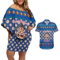 Korea Christmas Couples Matching Off Shoulder Short Dress and Hawaiian Shirt with Bear in Hanbok National Emblem and Traditional Boat Pattern Design - Wonder Print Shop