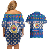 Korea Christmas Couples Matching Off Shoulder Short Dress and Hawaiian Shirt with Bear in Hanbok National Emblem and Traditional Boat Pattern Design - Wonder Print Shop