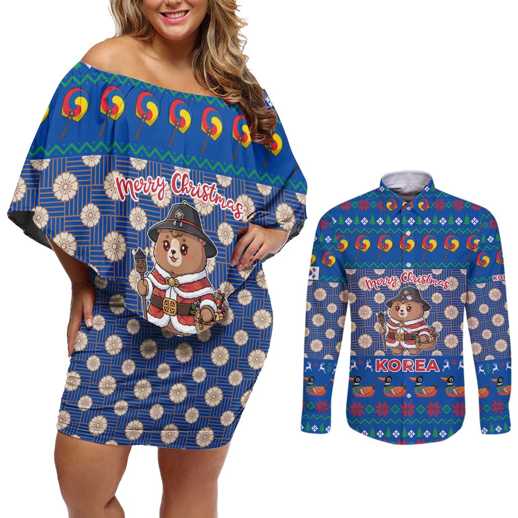 Korea Christmas Couples Matching Off Shoulder Short Dress and Long Sleeve Button Shirt with Bear in Hanbok National Emblem and Traditional Boat Pattern Design - Wonder Print Shop