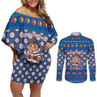 Korea Christmas Couples Matching Off Shoulder Short Dress and Long Sleeve Button Shirt with Bear in Hanbok National Emblem and Traditional Boat Pattern Design - Wonder Print Shop