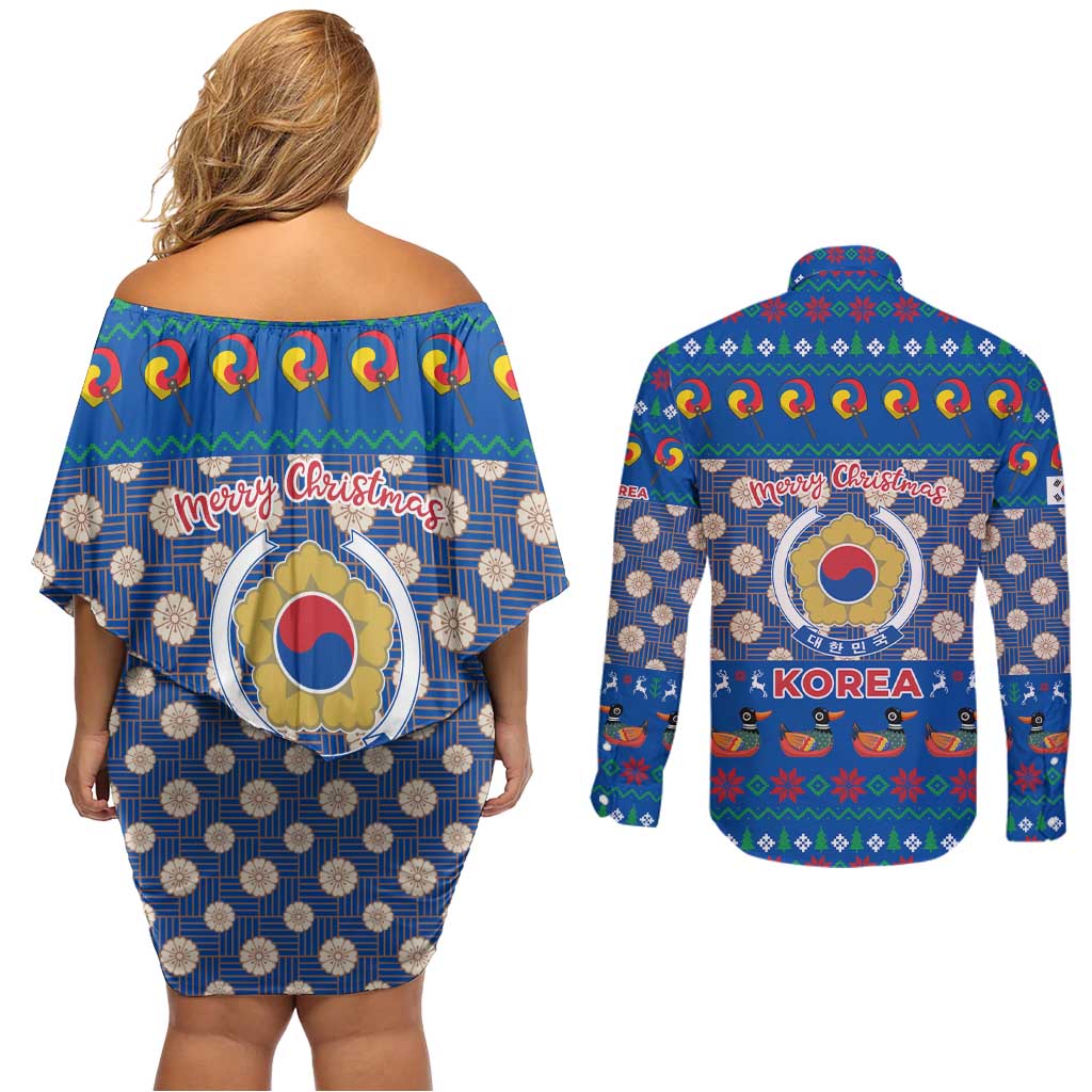 Korea Christmas Couples Matching Off Shoulder Short Dress and Long Sleeve Button Shirt with Bear in Hanbok National Emblem and Traditional Boat Pattern Design - Wonder Print Shop