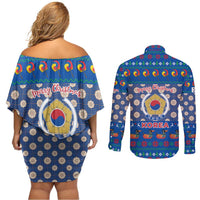 Korea Christmas Couples Matching Off Shoulder Short Dress and Long Sleeve Button Shirt with Bear in Hanbok National Emblem and Traditional Boat Pattern Design - Wonder Print Shop
