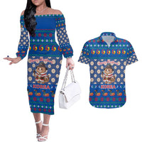 Korea Christmas Couples Matching Off The Shoulder Long Sleeve Dress and Hawaiian Shirt with Bear in Hanbok National Emblem and Traditional Boat Pattern Design - Wonder Print Shop
