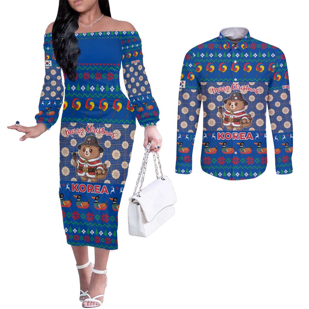 Korea Christmas Couples Matching Off The Shoulder Long Sleeve Dress and Long Sleeve Button Shirt with Bear in Hanbok National Emblem and Traditional Boat Pattern Design - Wonder Print Shop