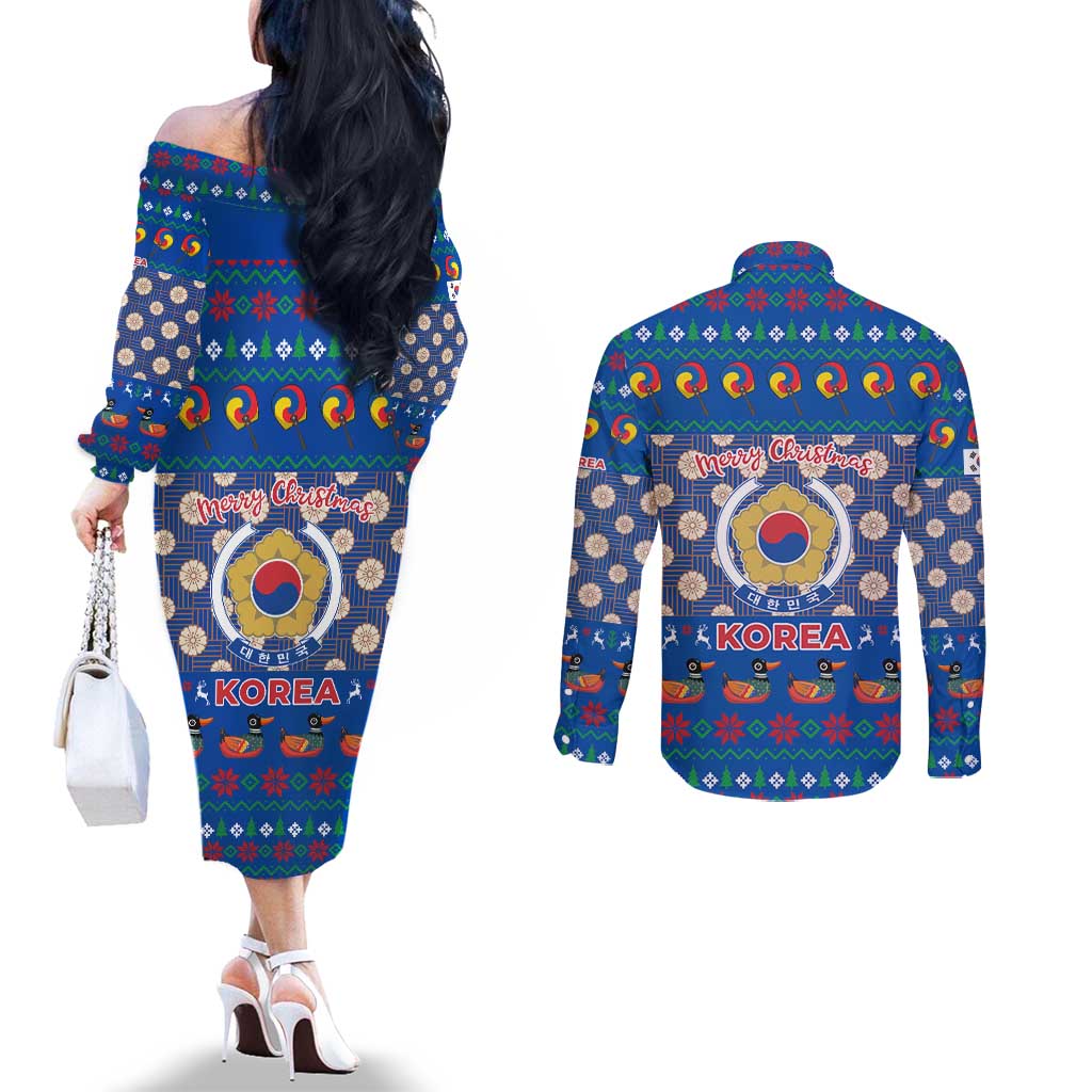Korea Christmas Couples Matching Off The Shoulder Long Sleeve Dress and Long Sleeve Button Shirt with Bear in Hanbok National Emblem and Traditional Boat Pattern Design - Wonder Print Shop
